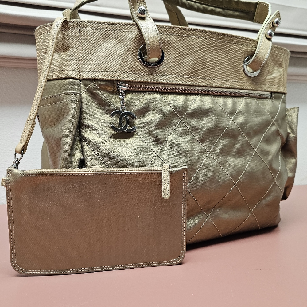 CHANEL Paris Biarritz Tote Bag Handbag Brown Beige